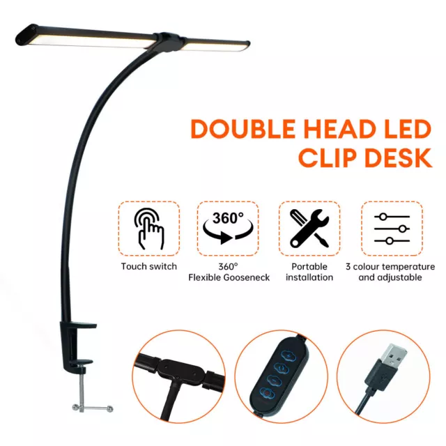 LED Desk Lamp Double Head Adjustable Lamp w/ Clamp Eye-Caring Reading Desk Light