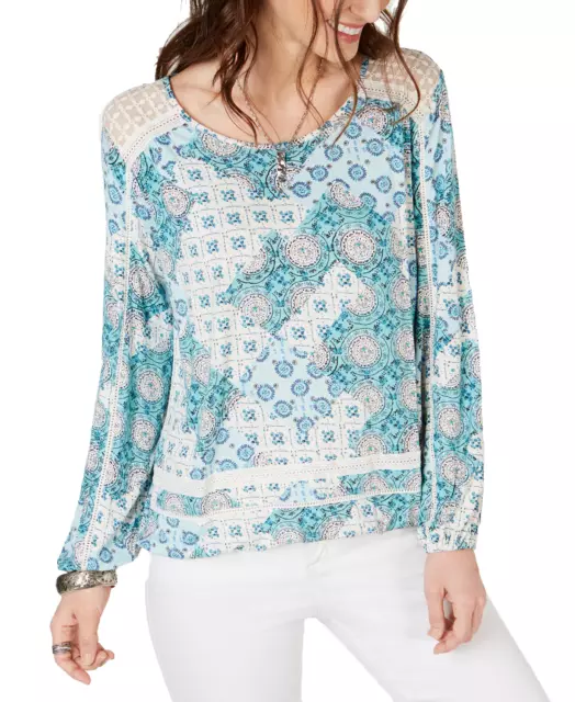 Style & Co Women's Crochet-Trim Bubble-Hem Top (Large, Medallion Teal)