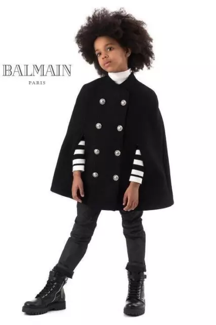 BALMAIN Girls Size 10 Child Mini Me Black Double Breasted Wool Cape Coat BNWT