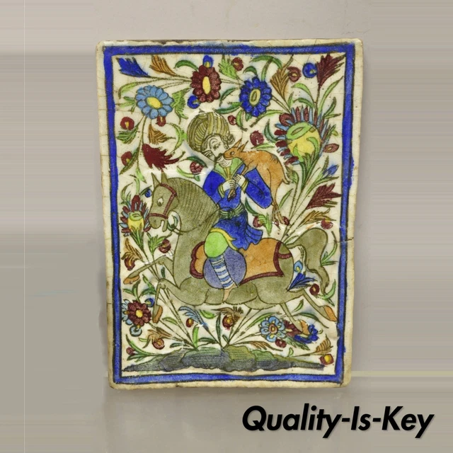 Antique Persian Iznik Qajar Style Ceramic Pottery Tile Horse Rider Hunt Scene C1