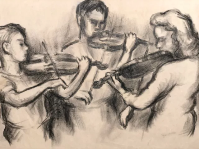 Three Young Violinists Charcoal DrawingS-1920s/30s-Bernard Gussow 3