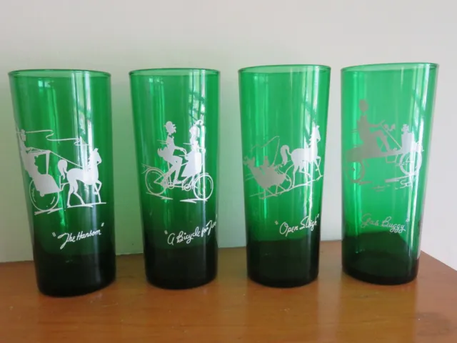 Vintage Anchor Hocking Forest Green Tall Glasses 4 Different Designs "Gas Buggy"