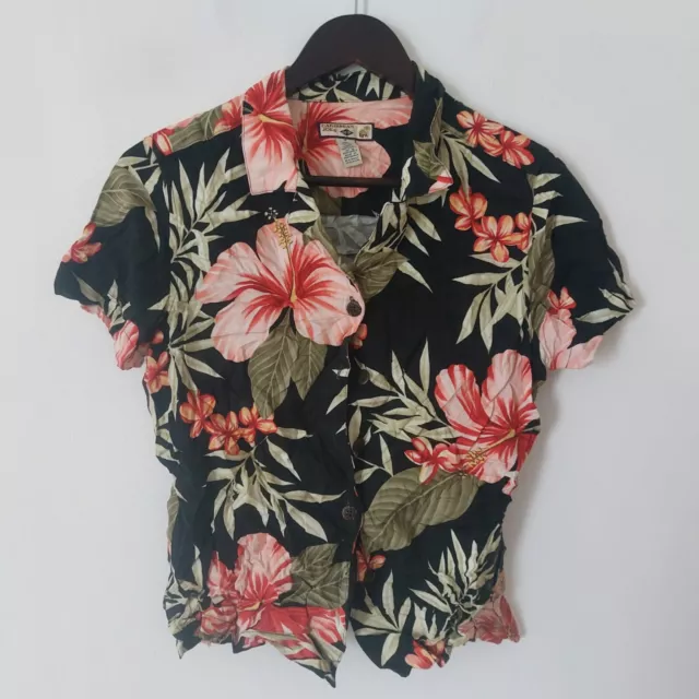 Vintage Womens Boho Blouse Shirt Top Size 10 Linen Black Pink Floral Hawaiian
