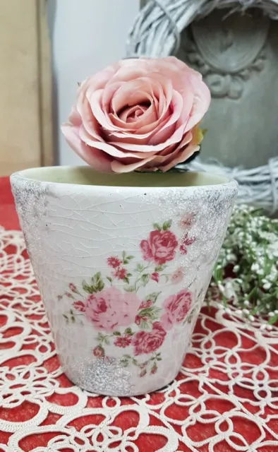Schöner Übertopf mit Rosen Pflanztopf Keramik Floristik Craquelé Shabby Stil neu
