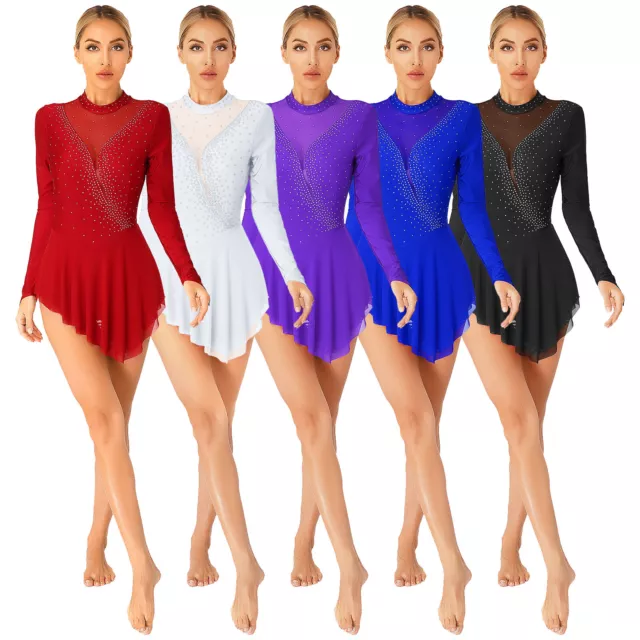 Women Ice Skating Dress Rhinestone Mesh Long Sleeve Leotard Ballet Dance Costume