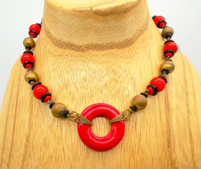 Antique Art Deco Red Black Art Glass Choker Necklace Brass Circle Czech?