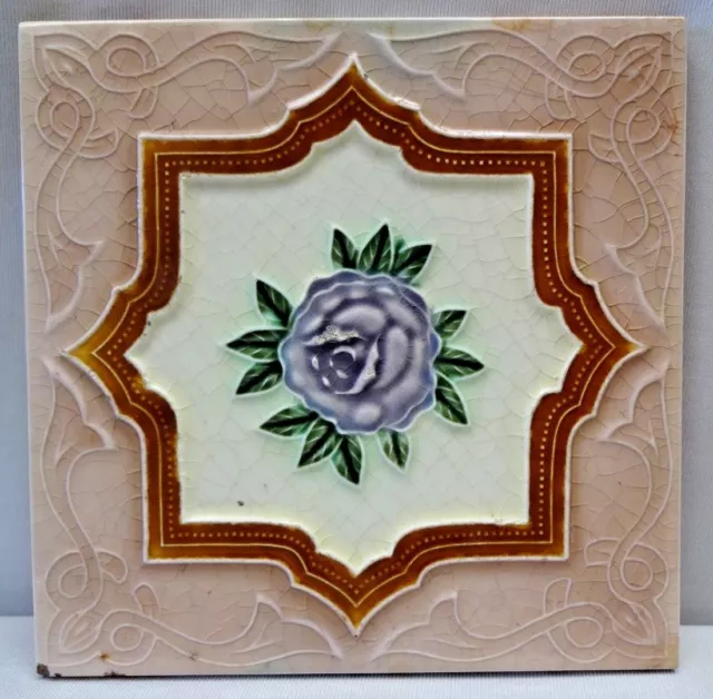 Tile Japan Art Nouveau Majolica Purple Rose Design Vintage Decorative Cerami#202