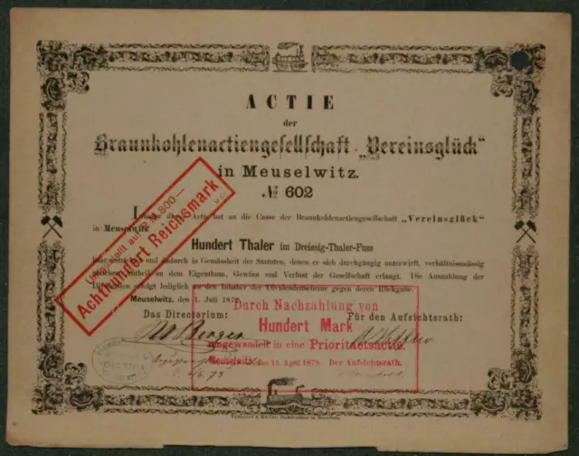 Braunkohlenactiengesellschaft "Vereinsglück" in Meuselwitz 1872 Prio mit Stempel