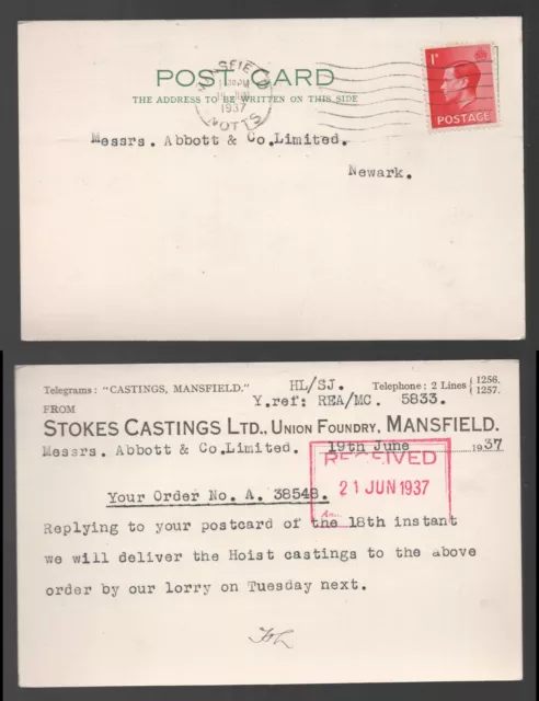 1937 1d KEVIII Stokes Castings Ltd Union Foundry Mansfield postcard