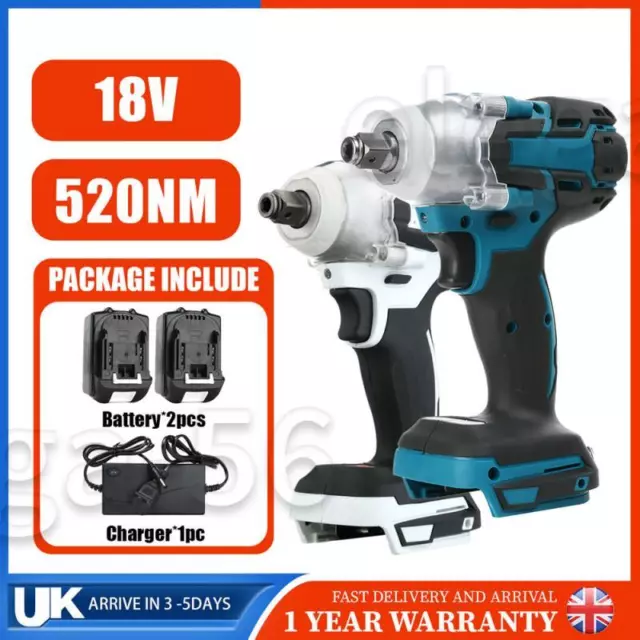 1/2" Driver 18V Cordless Brushless Impact Wrench w/ 0/1/2 Battery+Charger Set UK