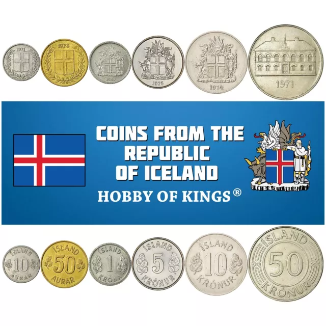 Icelander 6 Coin Set 10 50 Aurar 1 5 10 50 Krónur | Iceland | 1967 - 1980