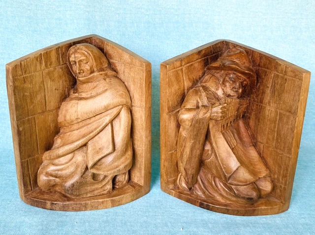 Folklore Olga Fisch Quito Equador Vintage Hand Carved Artisan Made Wood Bookends