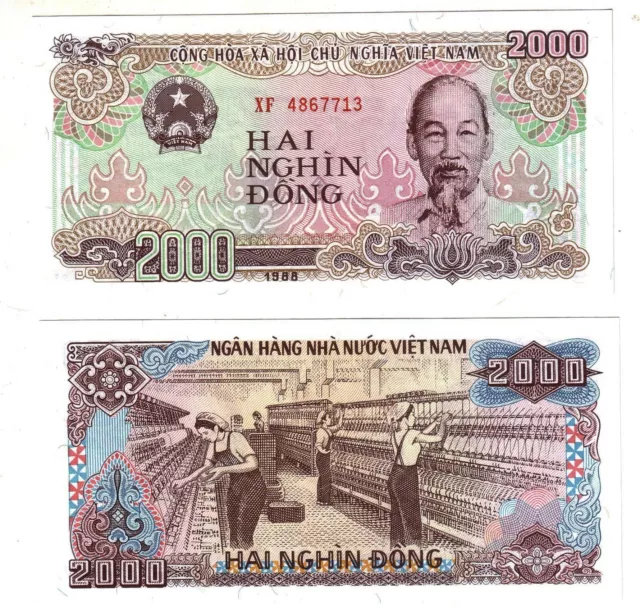 Banknote - Vietnam 1988, 2000 Dong, P107 UNC, Ho Chi Minh(F) Textile Workers(R)