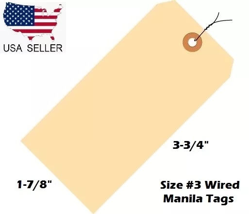 Pack of 100 Size 3 Manila Inventory Shipping Hang Tags with Wire 3 3/4" x 1 7/8"
