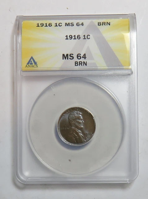 1916 Lincoln Cent Ms64 Brn Anacs