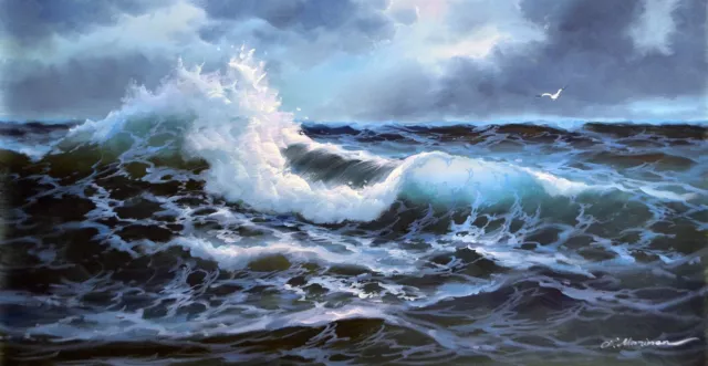 Extra large seascape "Ocean waves in a moonlit night" listed artist oil painting 2