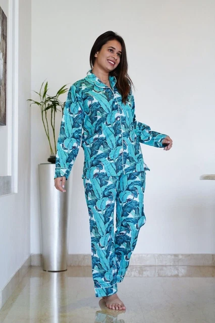 Indiano Banana Foglia Stampa Blu Pj Set 100% Cotone Pigiami da Donna Abito Notte