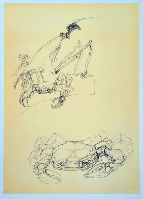 "Mantide e granchi" Litografia a due colori di Fabrizio Clerici, cm 50x70 - 1977