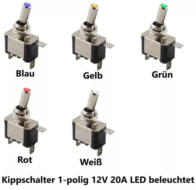 Kippschalter 1-polig Metall Chrom 12V 20A Ein/Aus LED beleuchtet in 5 Farben