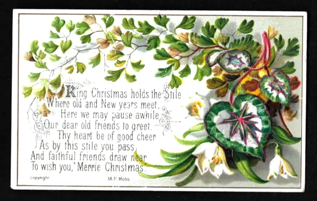 Small Victorian Embossed Greeting Card. Nature. Christmas Poem. © M.F.Moss