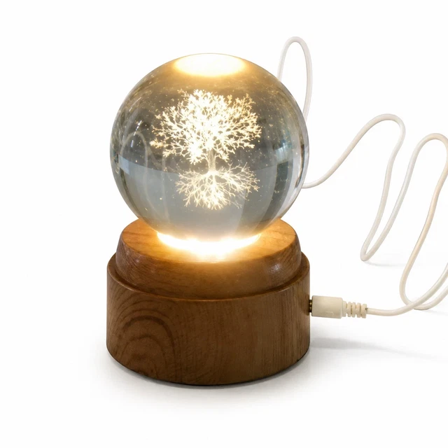Usb Led Ball TREE OF LIFE Crystal Ball 6cm LED Night Light Rotating Wood Base USB ...