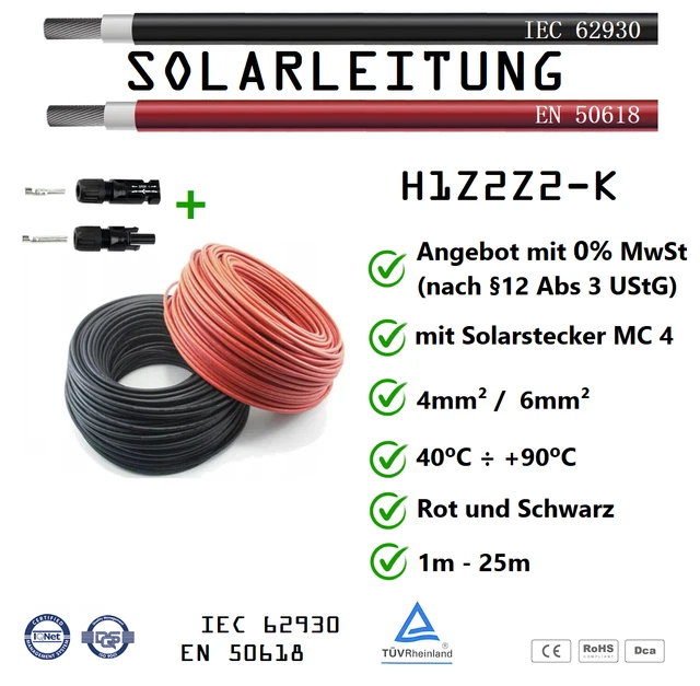 Cavo Solare Tubo 4mm ² 6mm ² Rosso Nero H1Z2Z2-K 1-25m PV MC4 Connettore