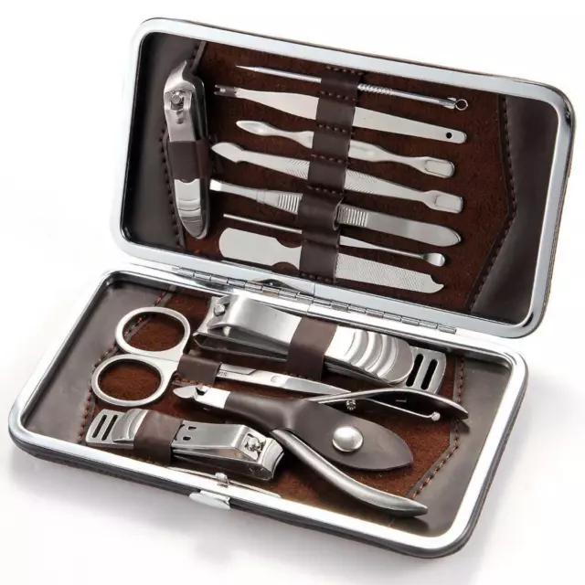 12 Piece Manicure Pedicure Nail Care Set Cutter Clippers Kit Case Mens Ladies