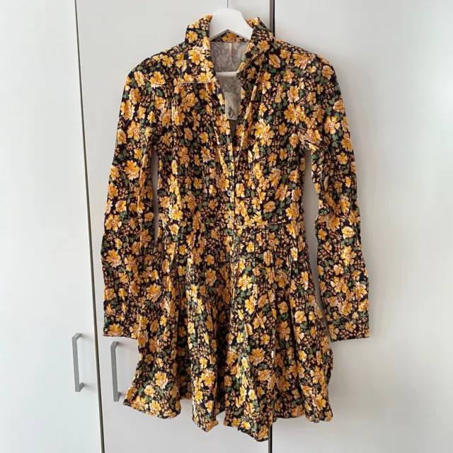 Free People Marvelous Mia Mini Dress Size 0 UK 4 Corduroy Floral Button Up