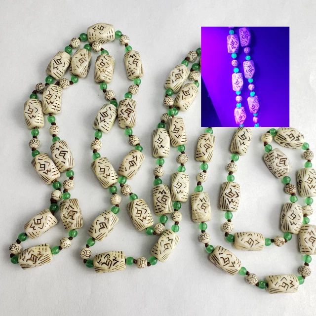 Deco Antique Czech Neiger Molded Inscribed & UV Glass Bead Knotted Necklace 55"