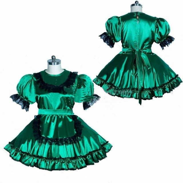 SISSY BABY MAID girl Green Satin lockable dress Cosplay Costume Tailor