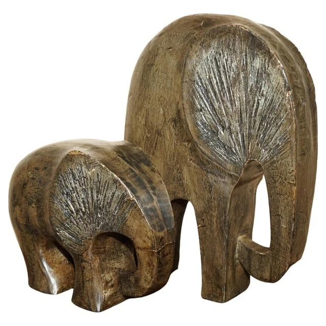 Pair Of Vintage Hand Carved Elephant Statues In The Modernist Style And Form