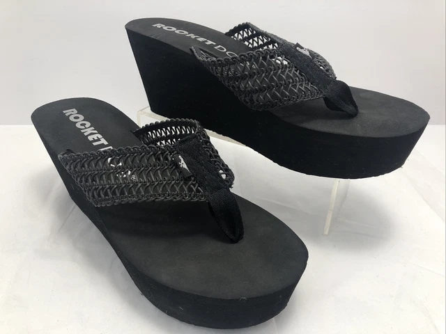 Rocket Dog Womens Platform Wedge Flip Flops Size 10 Black Thong Sandals #H