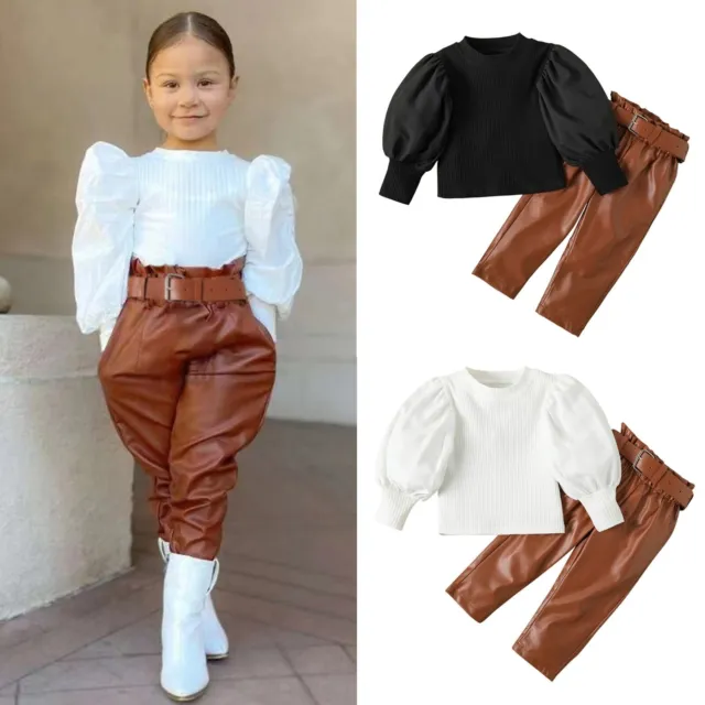 Elegante Moda Bambini Set Abbigliamento Ragazze Maniche Puff T-Shirt Top Pantaloni In Pelle Puff