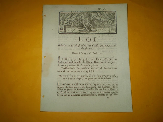 1792 loi de Louis XVI vérification des caisses patriotiques. Imp. Aurel Valence