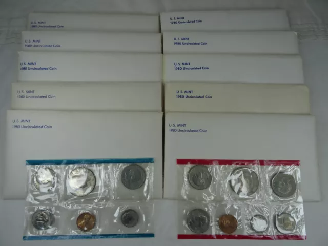 (10) 1980 P & D US Mint Uncirculated Sets OGP BU 100 Coins Bulk Lot