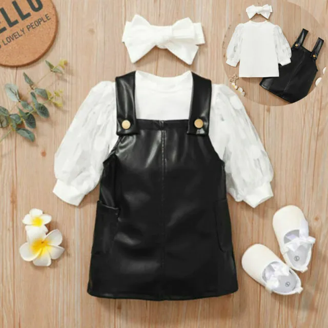 3PCSk  Tops+ Leather Dress+Headband Outfits Party Kids Baby Girls Clothes Set