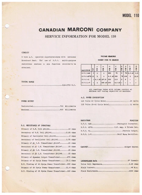 Canadian Marconi Radio Service Instructions Model 110