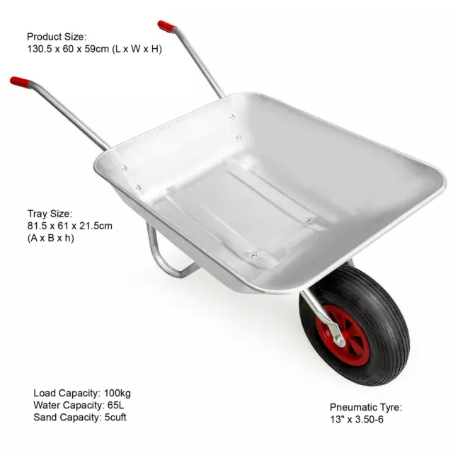 Heavy Duty 65L Galvanised Metal Wheelbarrow Home Garden Cart with Tyre - 100Kg