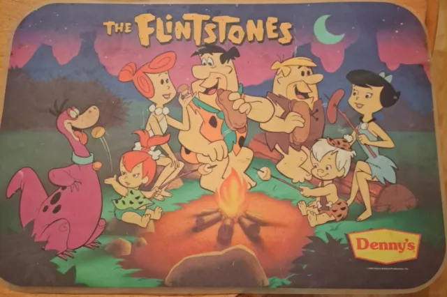 1989 Denny's laminated placemat ~ THE FLINTSTONES Pebbles+Bamm-Bamm,Dino