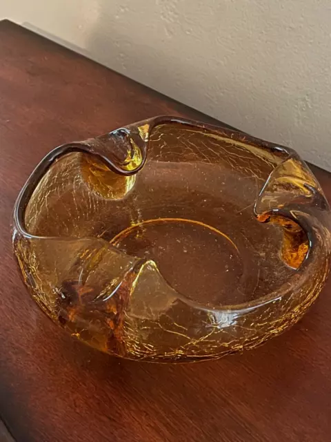 Large Vintage Blenko Viking Glass Crackle Amber Honey Art Glass MCM Ashtray Bowl