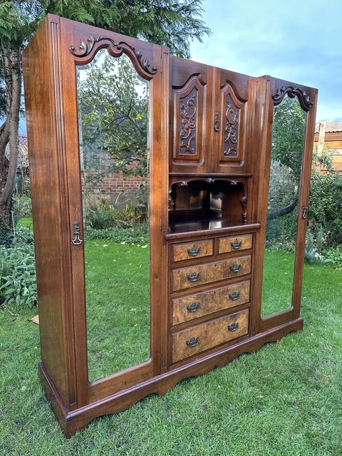 Antique Mahogany Triple Wardrobe With Walnut Front Drawers With key.