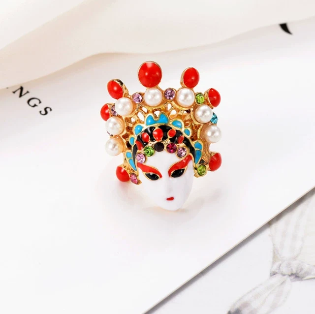 Chinese Style Opera Mask Ring Multicoloured Adjustable Size Red Eyes