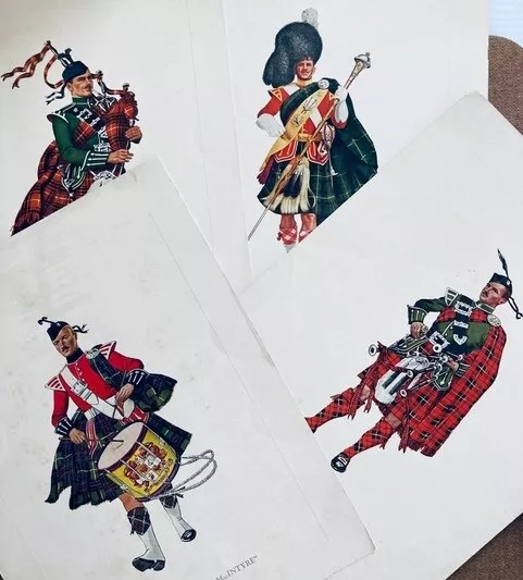 4 Vintage Dewar’s Highlanders 9” X12” Regimental prints