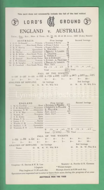 🌞CRICKET SCORECARD: ENGLAND v AUSTRALIA, LORD'S: 1956 JUNE