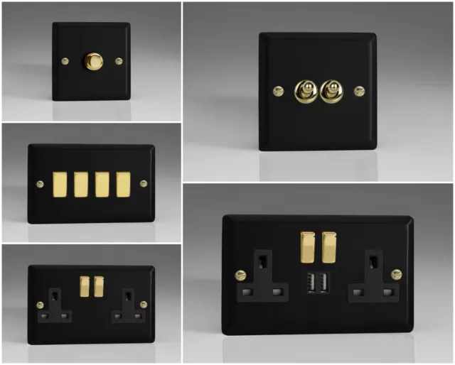 Varilight Vogue Matt Black Range - Black Inserts & Polished Brass Switches