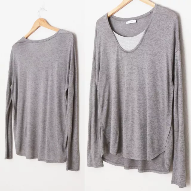 Vince Layered Two Tone Long Sleeve Tee Top M Round Neckline Curve Hem Shimmer