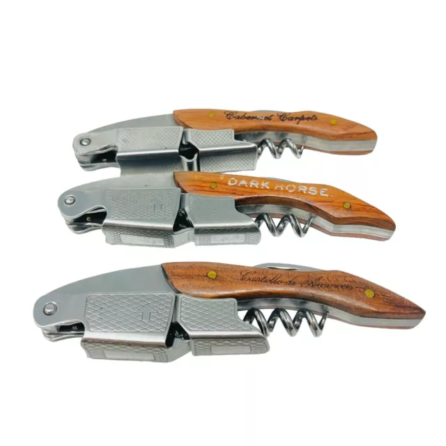 3 Pc Assorted Wood Handle Corkscrew Double Hinge Waiters Wine Bottle Opener