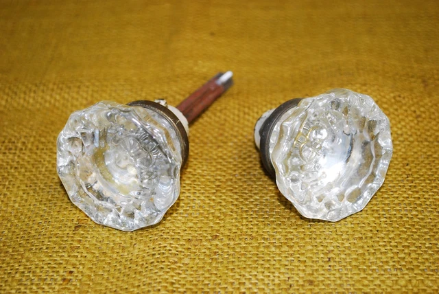 Antique Glass Door Knob Pair - Victorian 12 Point Crystal Sunburst