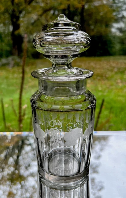 Antique Cut Glass Covered Jar Engraved Grapes and Vines Decoration 8" Tall