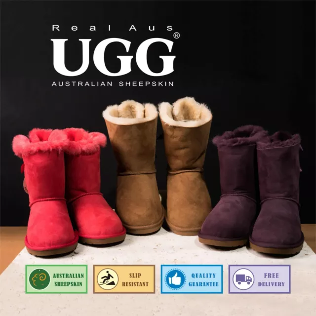 Ugg Real Aus 100% Australian Sheepskin Wool Children/Kids 7" Bailey Bow Boots 3